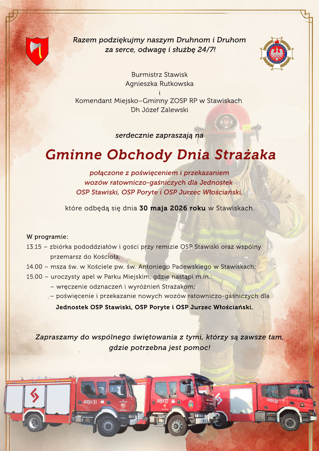 Spotkajmy się razem na Gminnych Obchodach Dnia Strażaka, by z serca podziękować Naszym Strażakom za ich odwagę i codzienną służbę.